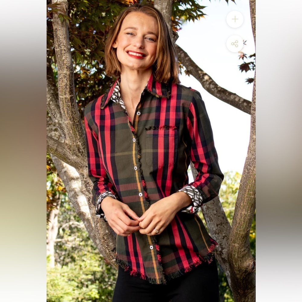Tizzie cape cod fringe plaid tunic in red, olive green and black w/contrast cuff